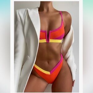 Color Block High Cut Bikini Bathing Suit 2 Piece Swimsuits Multicoloured Small
